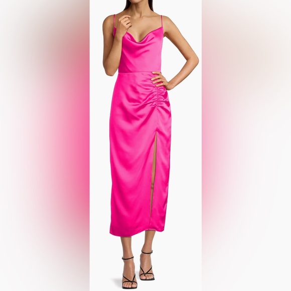 Milly NWT Lilliana Satin Ruched Side Slit Cowlneck Pink Midi Dress - Picture 7 of 8